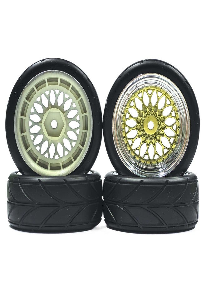 LAFEINA 4PCS/Set 64mm Rubber Tires & Plating Plastic Wheels Rims Replacement Part for 1/10 RC On-Road Touring Car Racing Car (Gold, Offset 6mm) - Image 4